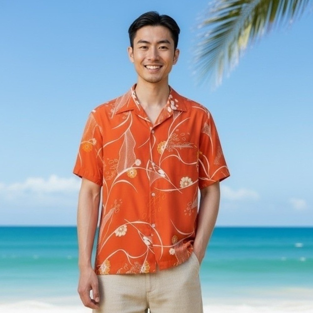 VTG Shoreline Hawaii Mens Orange‎ Floral Aloha Shirt Medium Short Sleeve RETRO